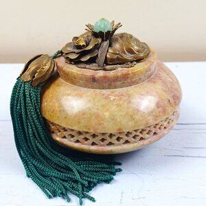 St. John's First Edition Carved Stone Lidded Jar Brass Floral Cherub Tassel